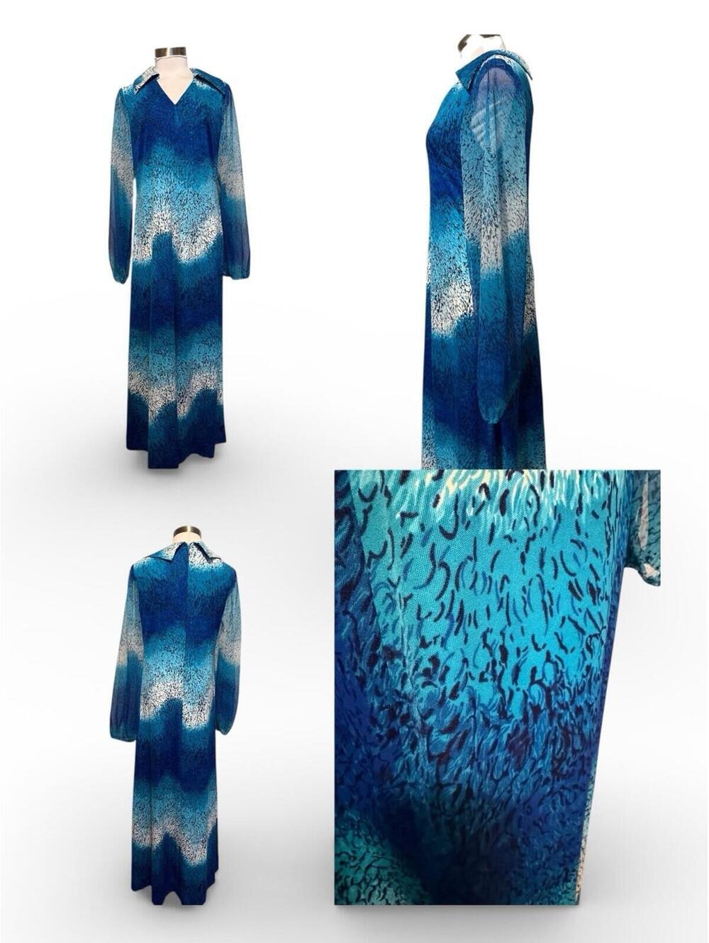 Vintage 60s, 70s Henry Lee Mod Boho Maxi Dress Size 12 Blue Sheer Sleeves